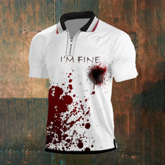Men's Bloodstain I'm Fine Print Short Sleeve Raglan Zip Polo Shirt