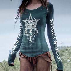 Women's Star Moon Witch Circular Magic Circle Life Of Tree Art Print Tops