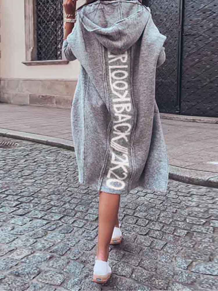 Letter Print Long Sleeve Knit Coat