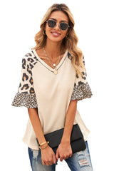 Women's Mixed Leopard Ruffle Sleeve Waffle V Neck Knit Top