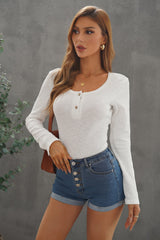 Women's Casual White Crewneck Buttons Ribbed Knit Long Sleeve Top
