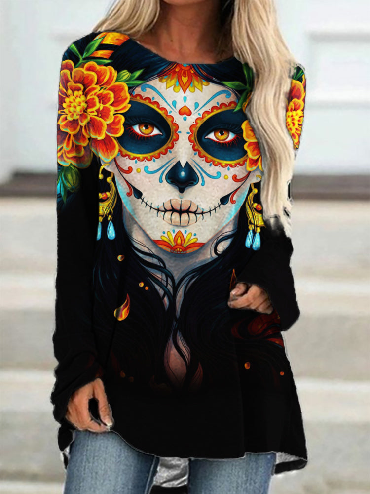 Day of the Dead Skull Crewneck Long Sleeve T Shirt