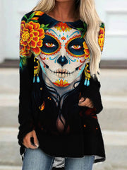 Day of the Dead Skull Crewneck Long Sleeve T Shirt