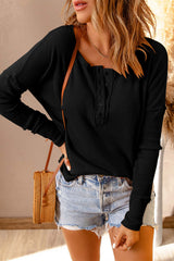 Women's Black Waffle Knit Henley Top