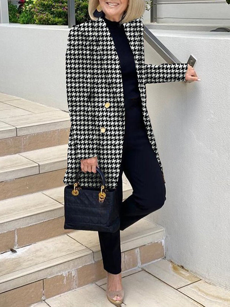 Casual Mid Length Houndstooth Print Suit Collar Woolen Coat