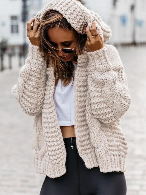 Pure Color Casual Fashion Loose Hooded Cardigan Sweater