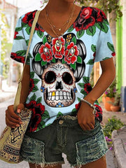 Floral Skull Print Short Sleeve T-Shirt