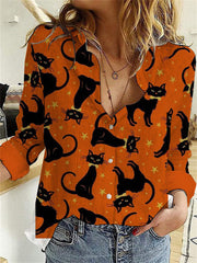 Halloween Cats Contrast Color Casual Blouse