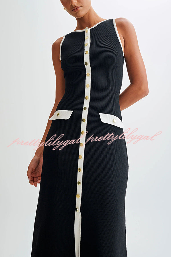 Elegant Slim Fit Crew Neck Buttoned Sleeveless Knit Midi Dress