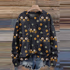 Black Cat Flower Autumn Season Halloween Art Print Knit Pullover Sweater