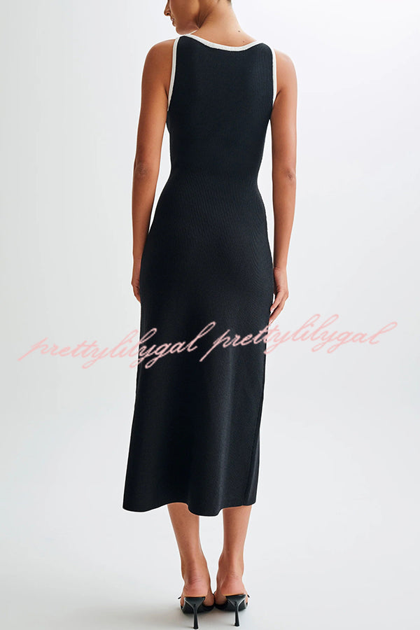 Elegant Slim Fit Crew Neck Buttoned Sleeveless Knit Midi Dress