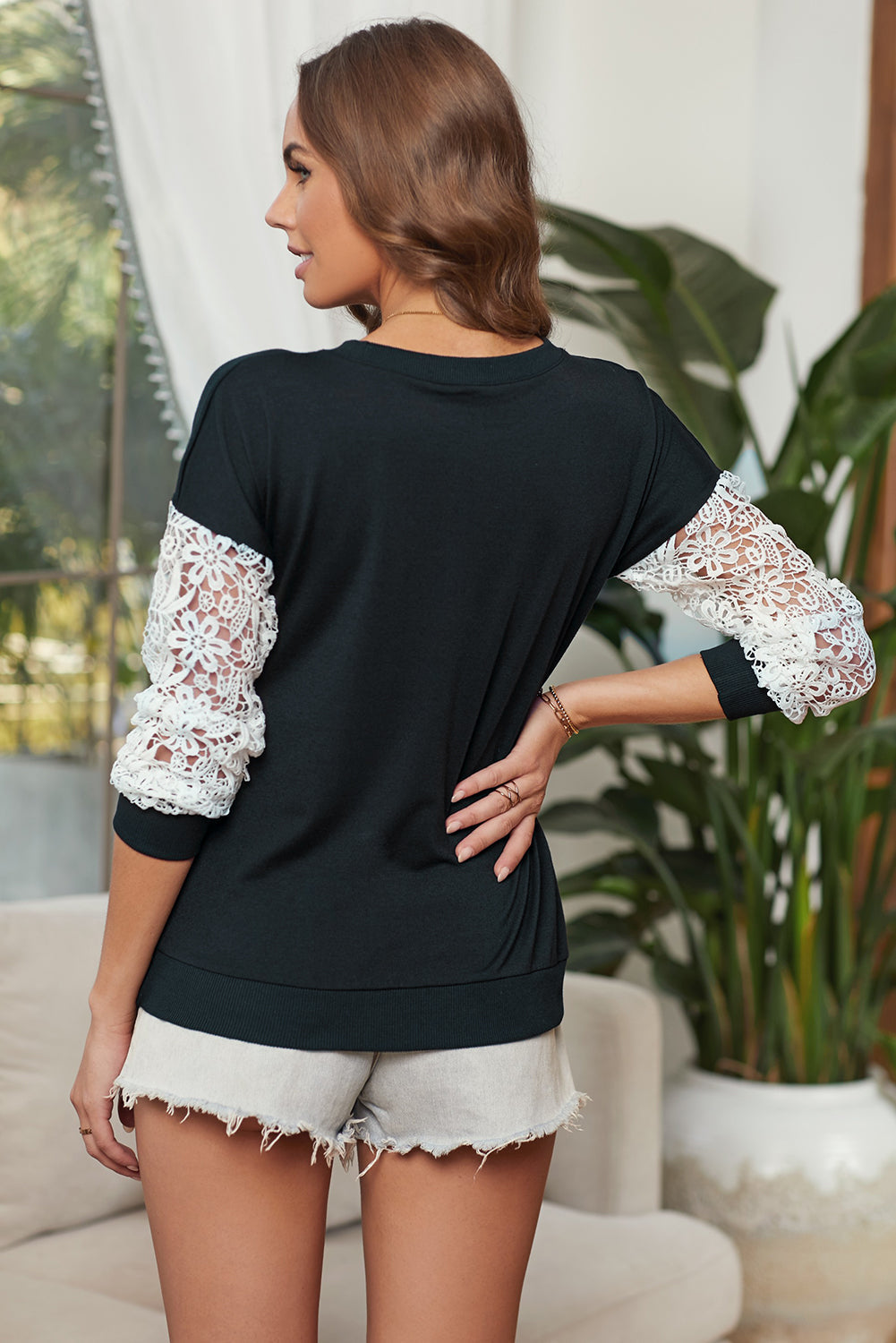 Women's Black Crochet Lace Long Sleeve Top