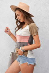 Women's Multicolor Stripe Print V Neck Short Sleeve Knitted Top