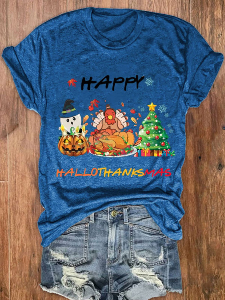 Ghost Turkey Christmas Tree Print Crew Neck T Shirt