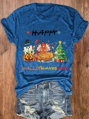 Ghost Turkey Christmas Tree Print Crew Neck T Shirt