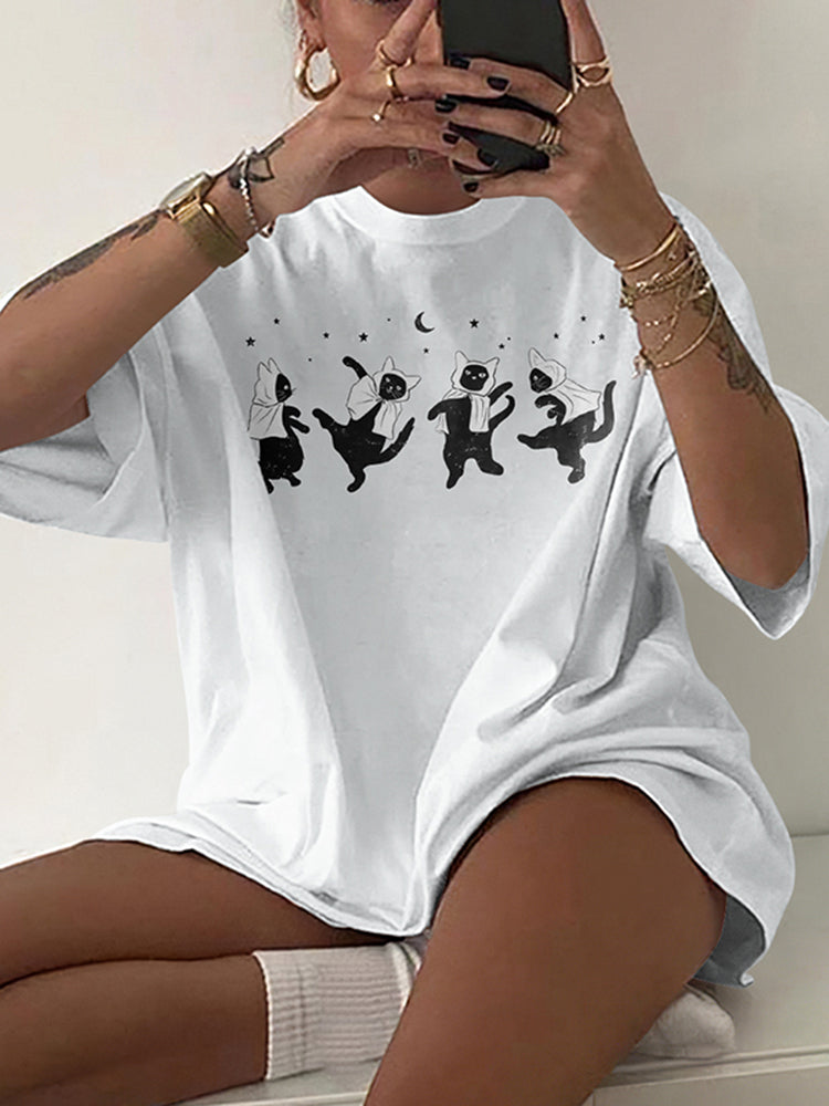 Dancing Cat Print Short Sleeve T-Shirt