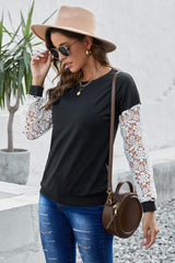 Women's Black Crochet Lace Long Sleeve Top