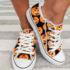 Halloween Pumpkin Print Fringe Hem Canvas Shoes