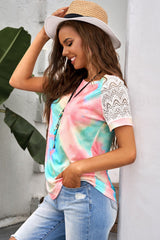 Women's Multicolor Short Sleeve Bright Tie-dye Crochet Raglan Tee