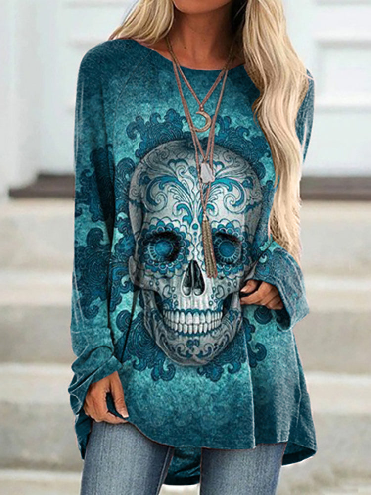 Crew Neck Totem Skull Print Tunic