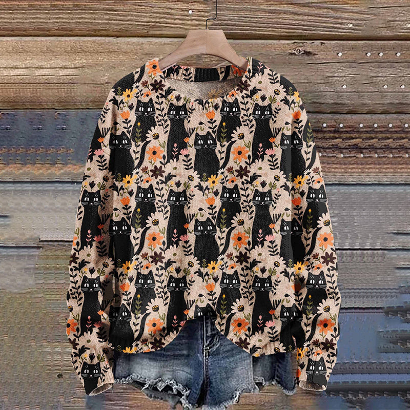 Halloween Black Cat Flower Art Print Knit Pullover Sweater