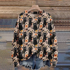 Halloween Black Cat Flower Art Print Knit Pullover Sweater