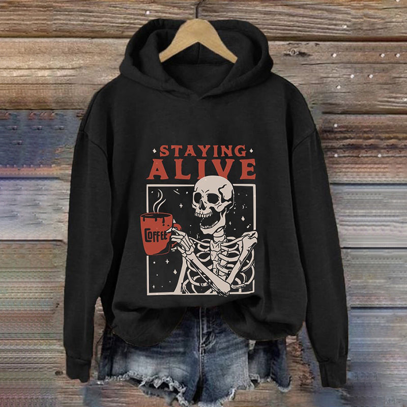 Staying Alive Skeleton Coffee Halloween Print Casual Hoodie