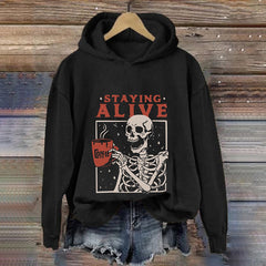 Staying Alive Skeleton Coffee Halloween Print Casual Hoodie
