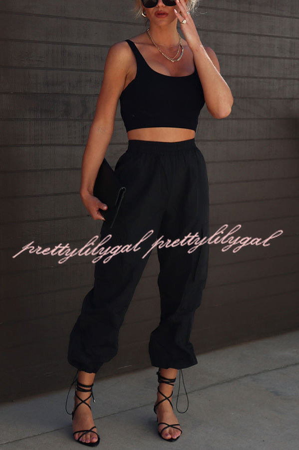 Let's Rewind Nylon Elastic Waist Pocketed Cargo Pants