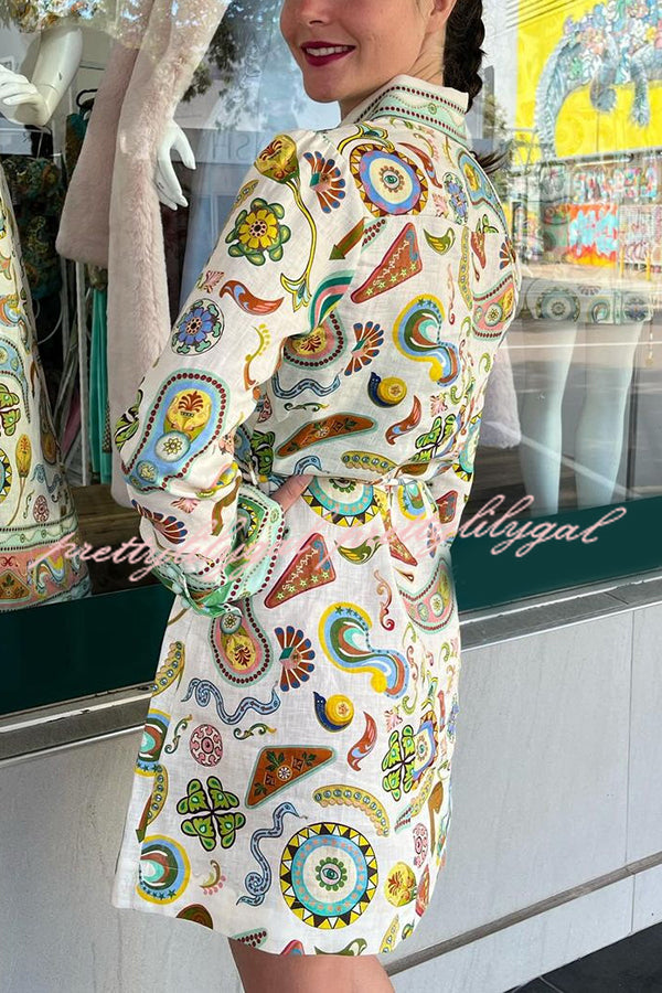 Mila Linen Blend Unique Print Shaped Collar Tie-up Waist Shirt Mini Dress