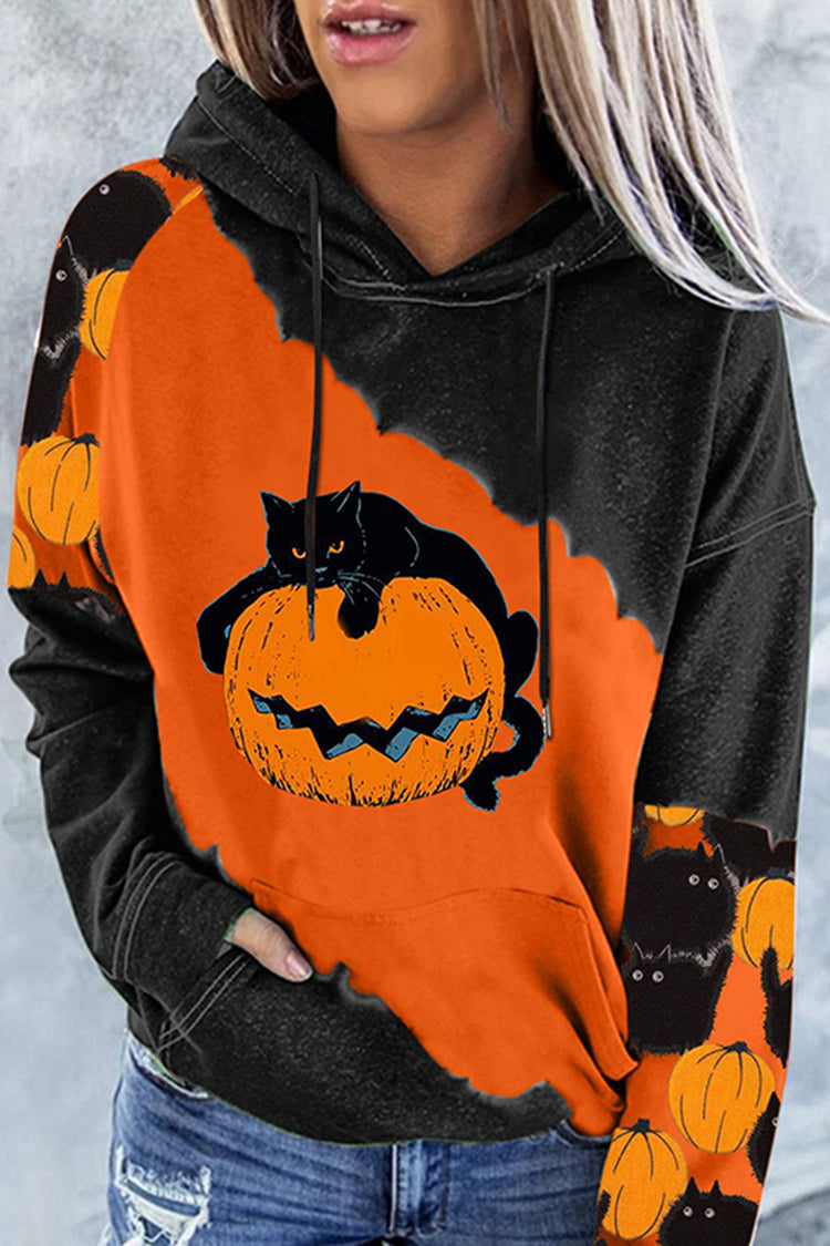 Casual Pumpkin Cat Print Hoodie