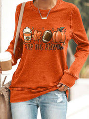 Football Tis The Season Pumpkin Maple Leaf Print Sweatshirt