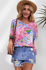 Women's Pink Floral Print V Neck T Shirt