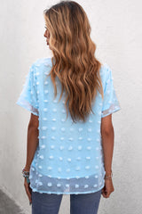 Women's Sky Blue Swiss Dot Texture O-neck Short Sleeve Top