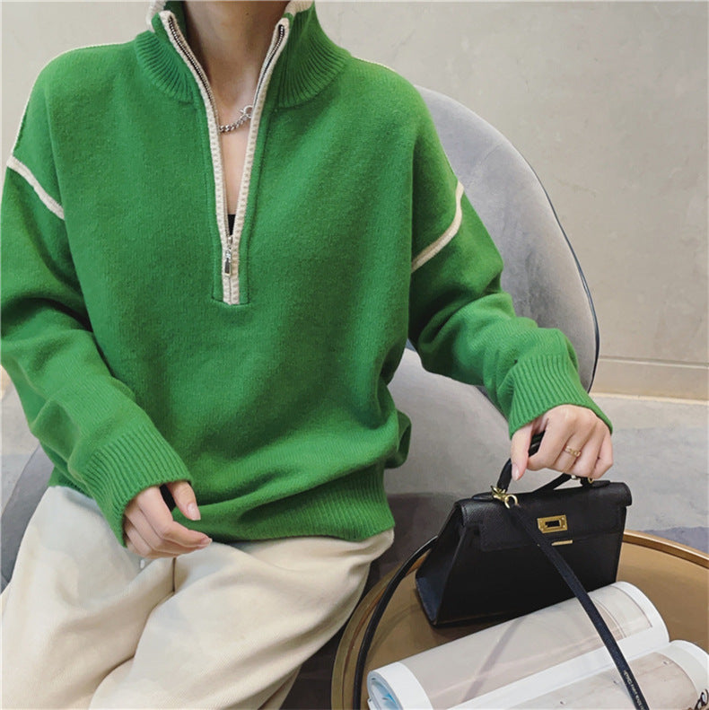 Stand Collar Zip Colorblock Loose Fashion Sweater