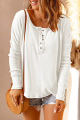 Women's White Long Sleeve Henley Top