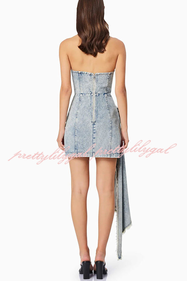 Giselle Washed Denim Floral Ruffle Pendant Strapless Stretch Mini Dress