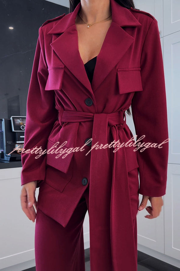 Business Needs Button Up Flap Pocket Belted Lapel Loose Jacket