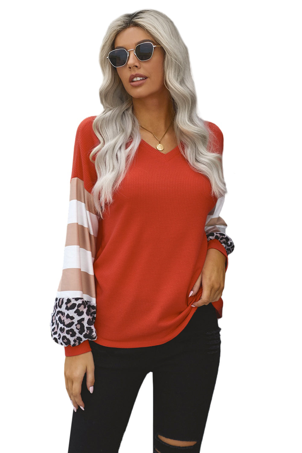 Women's Red V Neck Lantern Sleeve Leopard Stripe Splice Long Sleeve Top