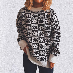 Casual Floral Plaid Round Collar Long Sleeve Loose Knit Sweater