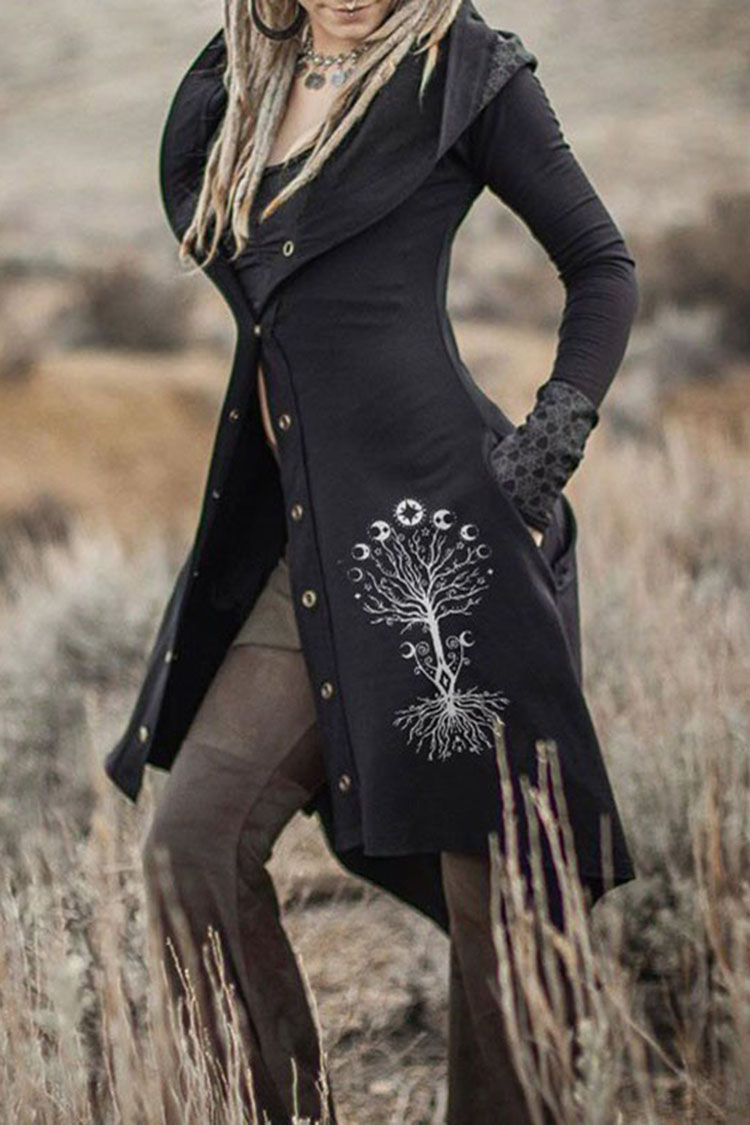 Vintage Print Hooded Button-Up Jacket