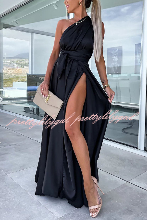 Different Elegant Effects Satin Free Tie Neck Slit Maxi Dress