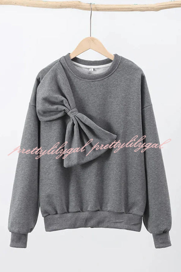 Solid Color Round Neck Long Sleeve Bow Loose Sweatshirts