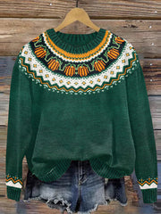 Halloween Pumpkin Ethnic Print Knitted Pullover Sweater