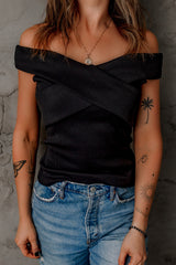 Women's Black Ribbed Off Shoulder Top