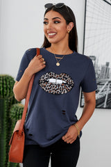 Women's Navy Leopard Lip Distressed Cotton Short Sleeve Tee