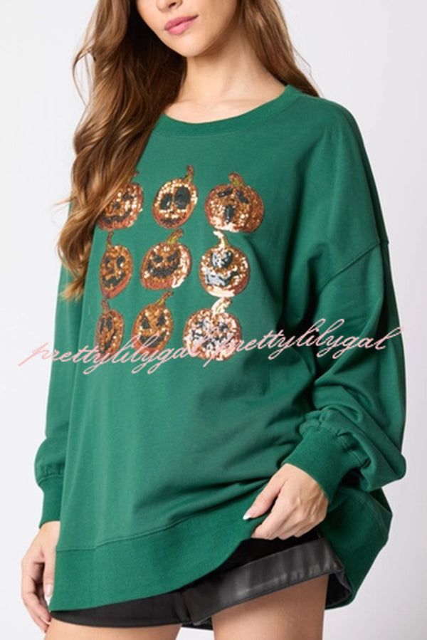 Halloween Pumpkin Sequin Loose Casual Sweatshirt