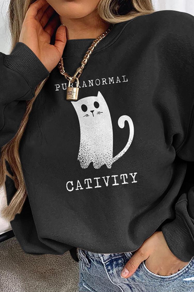 Long Sleeve Ghost Cat Print Sweatshirt
