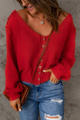 Women's Red Button Front Distressed Knit Top