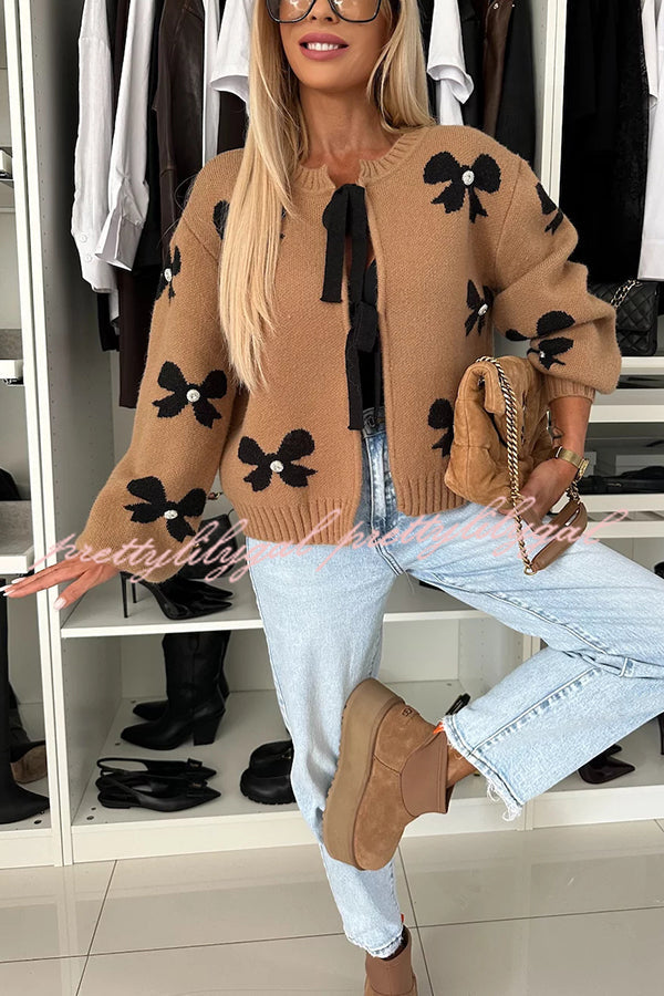 Vernie Knit Jewelry Pendant Bow Pattern Front Tie-up Long Sleeve Loose Cardigan